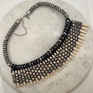 Tusk Tribal Statement Necklace Freedom Black Cream Faux Bone Cord Bib Jewelry
